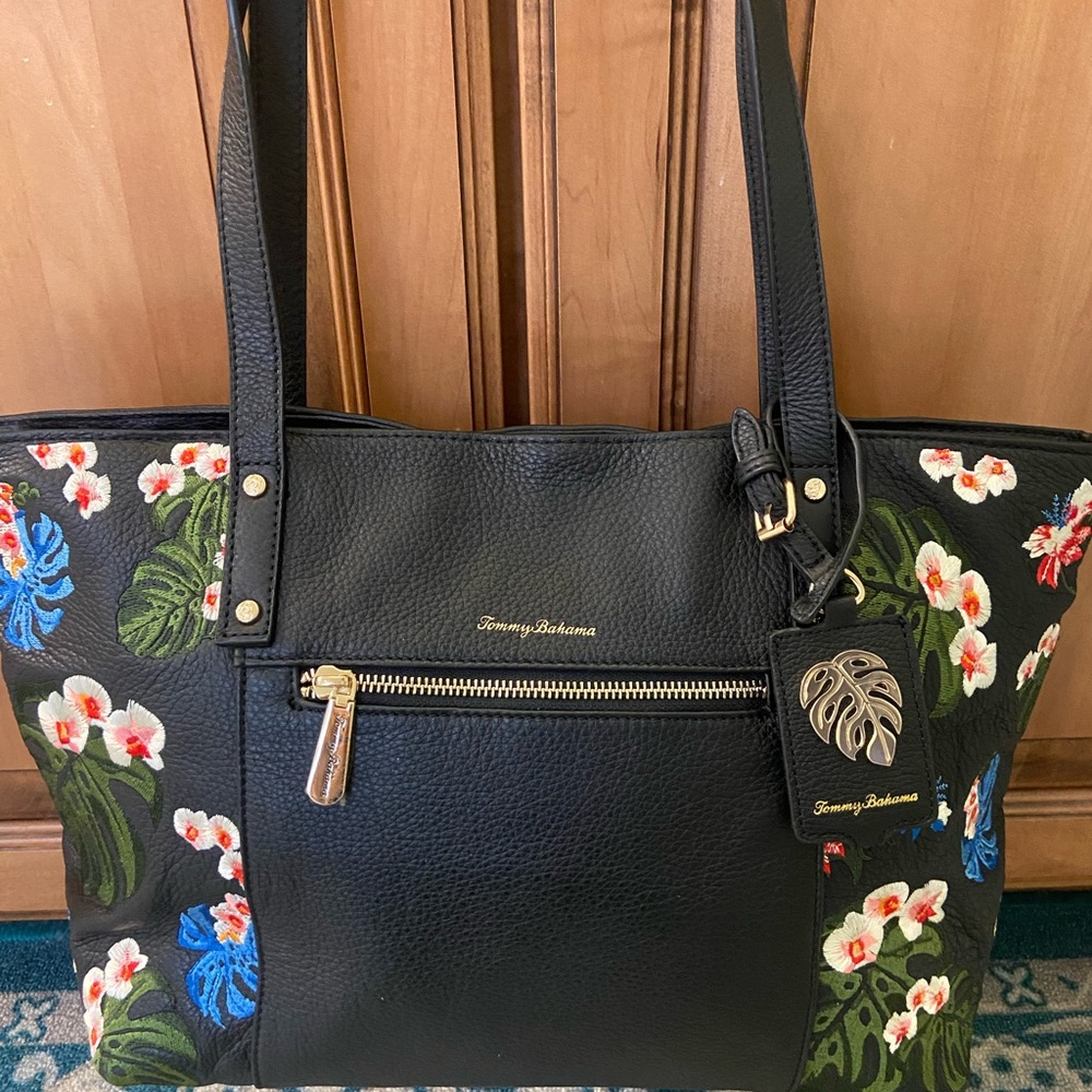 Tommy Bahama Black Medium size Tote with Embroidered Floral Design. NWOT.